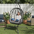 Foldable Hanging Egg Chair with Stand - Wicker Swing Hammock Chair with Cushion - for Patio Porch Balcony Weight Capacity 350lbs (Light Gray)