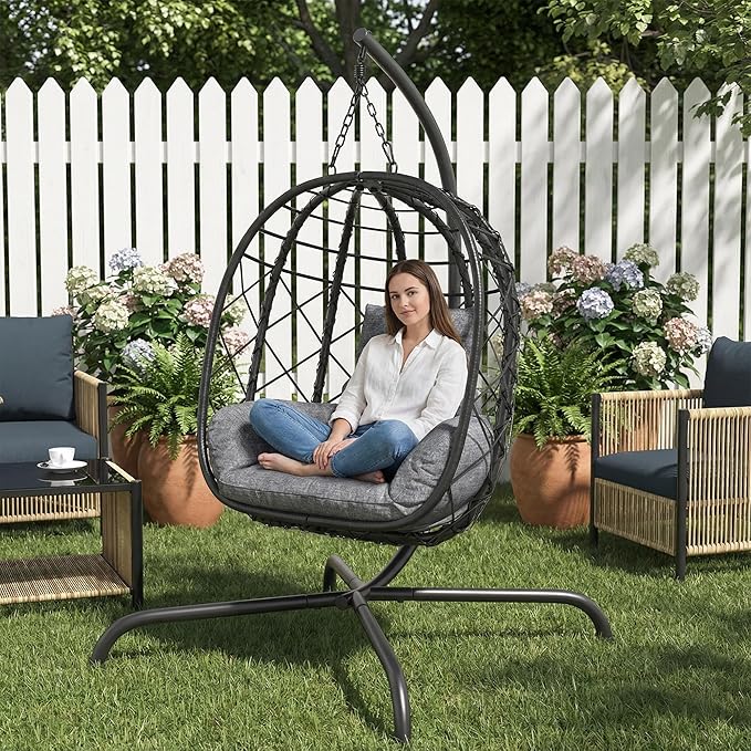 Foldable Hanging Egg Chair with Stand - Wicker Swing Hammock Chair with Cushion - for Patio Porch Balcony Weight Capacity 350lbs (Light Gray)