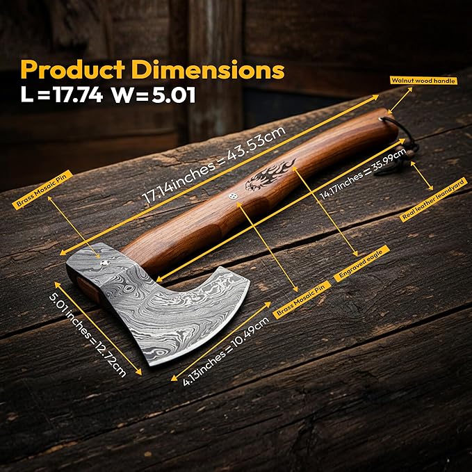 Dessi Viking Axe Hand Forged Damascus Steel Hatchet Tomahawk Leather Sheath Walnut Wood Handle Tiger Engraving Bushcraft Camping Gift Men SM14