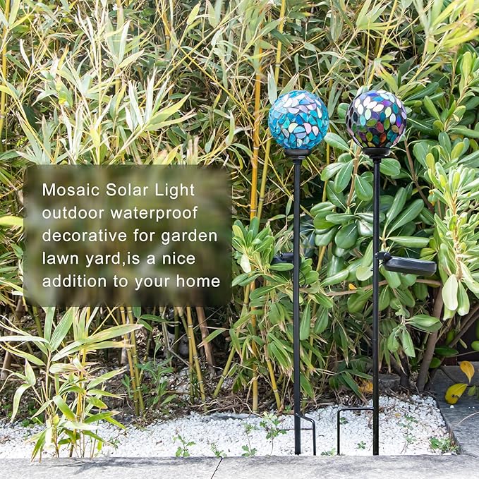 VCUTEKA Solar Garden Decorative Lights Outdoor Mosaic Solar Light Waterproof LED Pathway Stake Light for Landscape Patio Yard Deck Walkway Decoration 2 Pack （Blue&ampPurple）