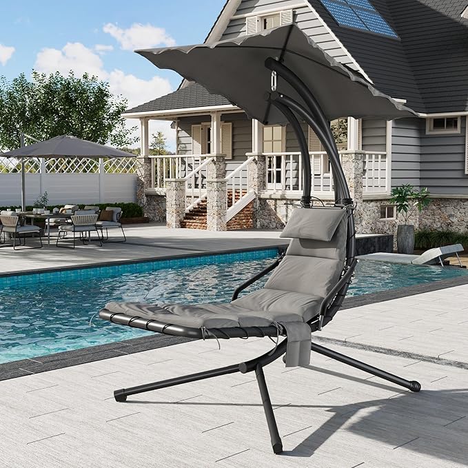 GarveeLife Chaise Lounger Swing Chair with Umbrella Canopy Patio Hanging Chaise Lounger Chair with Stand Curved Steel Outdoor Lounge Chairs for Indoor Patio Pool Garden Backyard Porch