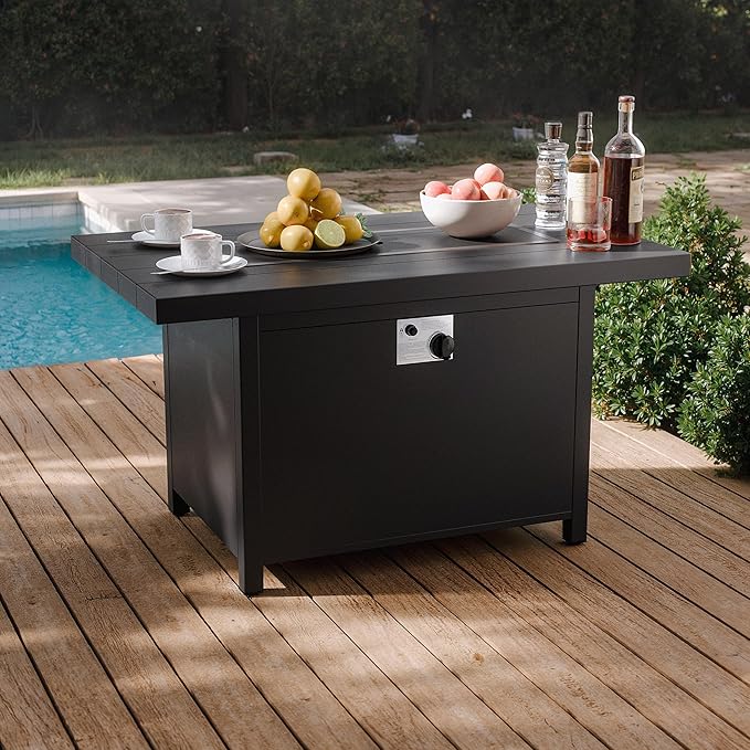 Kurapika Aluminum Propane Fire Pit Table 45 Inch 55000 BTU Auto-Ignition CSA Certification Outdoor Gas Fire Pits with Slide Out Tank Holder Outdoor Fire Tables Wider Desktop Windshield and Lid