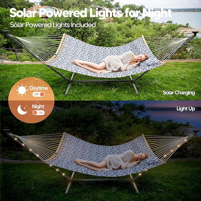 SUNCREAT Double Outdoor Hammock with 12 ft Stand Solar Powered Lights 2 Person Hammocks for Outside Grey