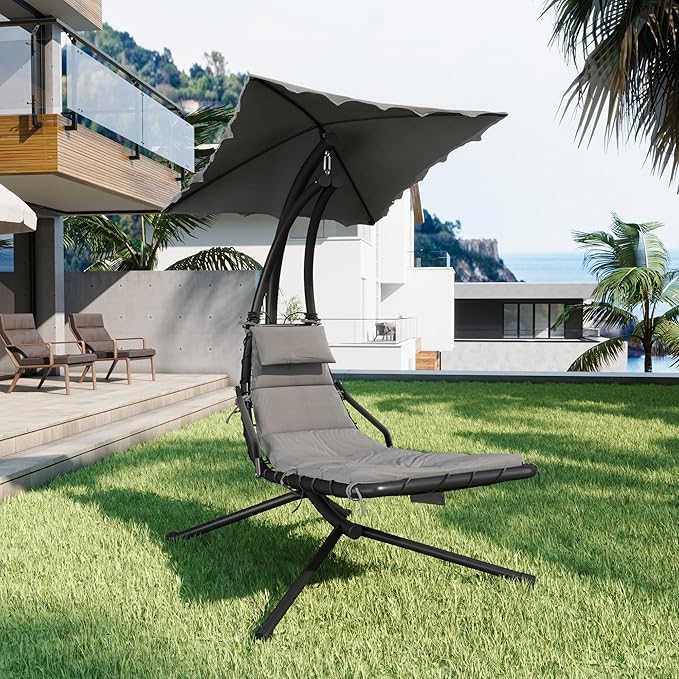 GarveeLife Chaise Lounger Swing Chair with Umbrella Canopy Patio Hanging Chaise Lounger Chair with Stand Curved Steel Outdoor Lounge Chairs for Indoor Patio Pool Garden Backyard Porch