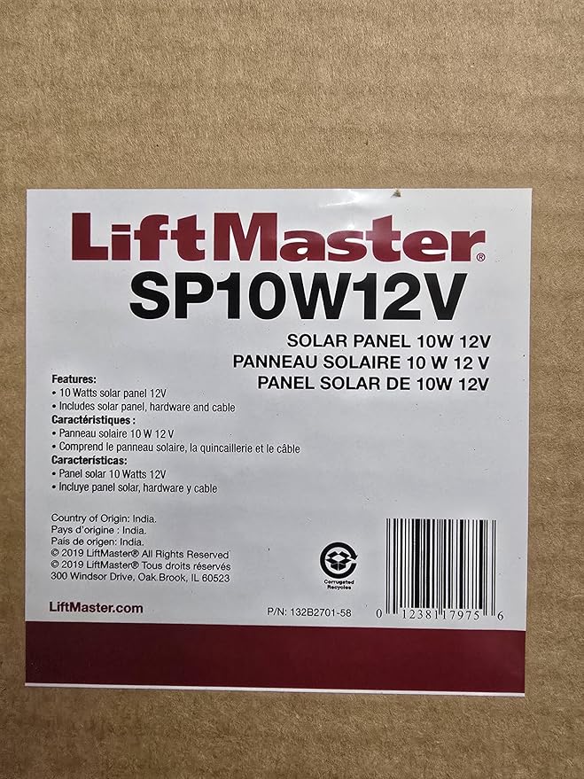 Liftmaster SP10W12V 10 Watts Solar Panel -Includes Solar Panel Hardware &amp Cable