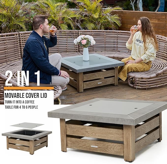 WILDMOS Firepits for OutsideWood Burning Fire Pit with Wood-Grain Side PanelsFirepit for Outside with Mesh Cover &amp Fire PokerSquare Modern Outdoor Fireplace Fire Table. (Countryside)