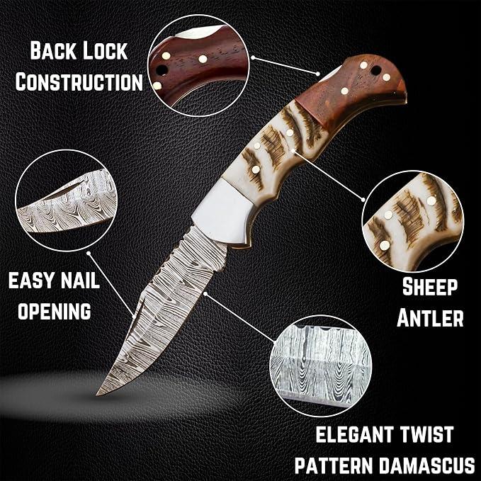 Damascus Pocket Knife for Men - 6.8 Sheep Antler Knife Handle- Pocket Knives &amp Folding Knives Back Lock Mechanism - Folding Pocket knife for Camping &amp Hiking - Christmas Gift for husband boy