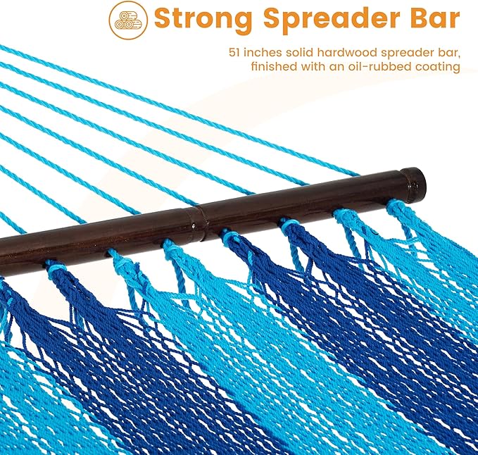 Lazy Daze Hammocks 10.5 FT Double 2 Person Caribbean Rope Hammock Hand Woven Polyester Hammock with Spreader Bars for Outside Outdoor Backyard Patio Poolside 450 LBS Capacity Blue/SkyBlue