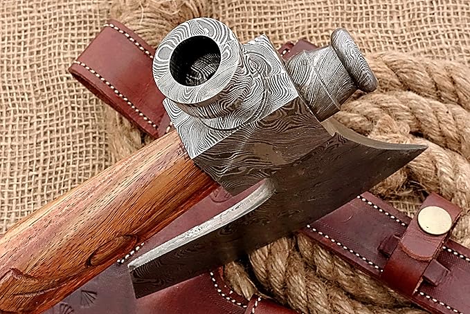 HUNTEX Unique Custom Hand-Forged Twist Pattern Damascus Steel 21 Inch Long Walnut Wood Handle Full Tang Razor Sharp Hunting Camping Outdoor Smoke Pipe Viking Axe with Genuine Leather Sheath