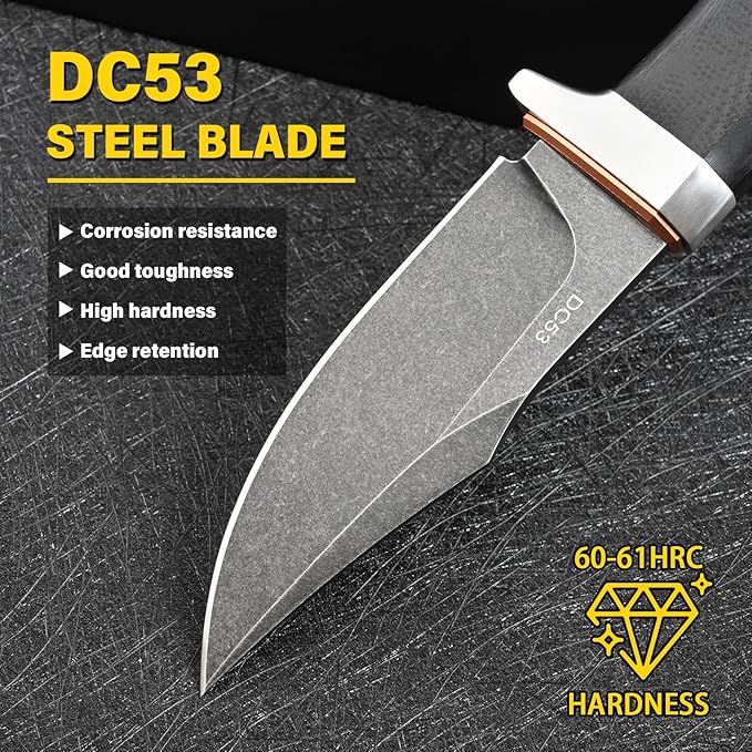 Knives DC53 Steel Fixed Blade Hunting Knife with Sheath Tactical EDC Knife for Men Outdoor Survival Camping Hiking Fishing (Black Stone Wash)