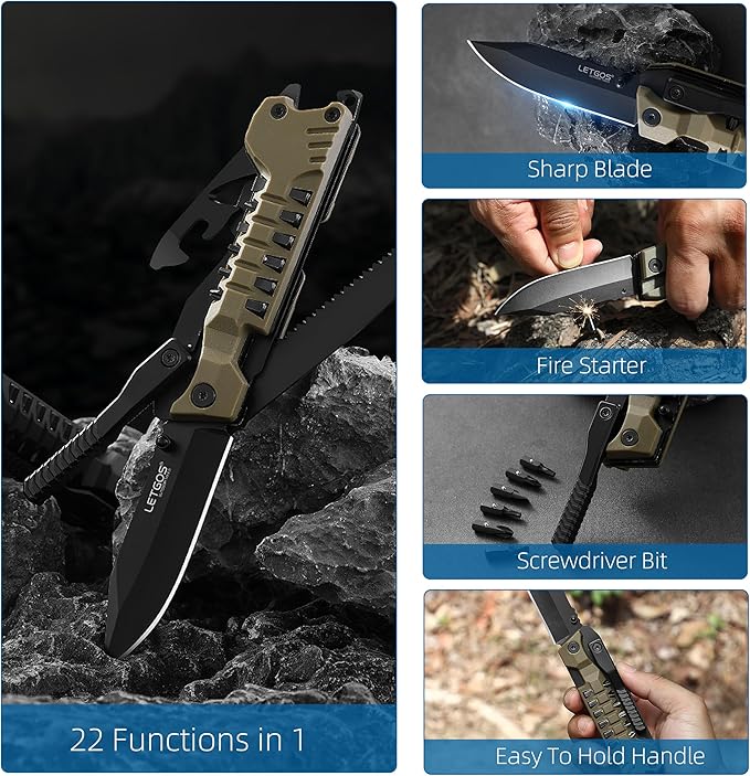 Multi Pocket Knife 22 in 1Survival Gear EDC Tools with Nylon Sheath Emergency Camping Hiking Hunting Gift for Men Women (Desert Gray)