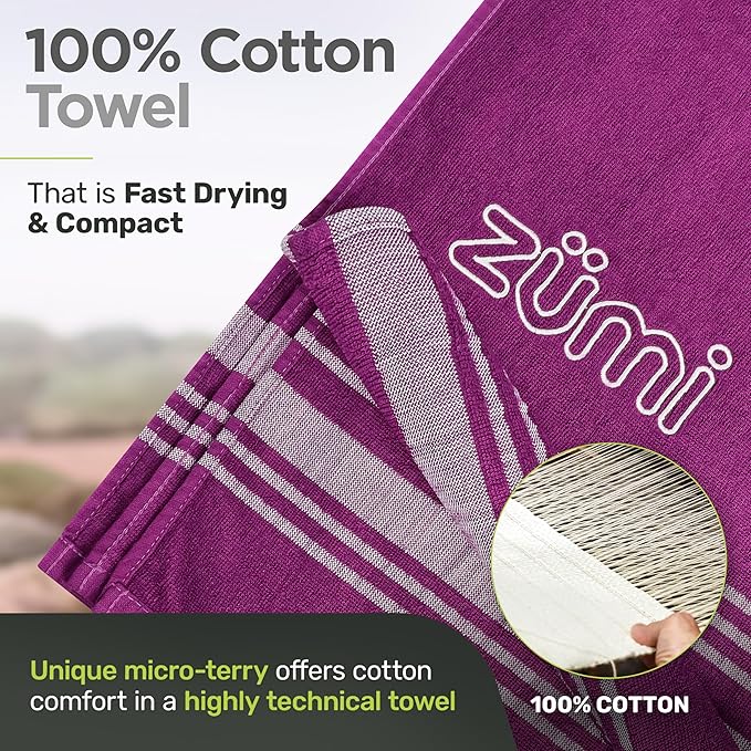 Zumi 100% Cotton Quick Dry Large Travel Towel - Soft Thin Compact Highly Absorbent Lightweight Camping Towel for Beach Gym Bath Shower Swimming Pool Dorm RV - Purple