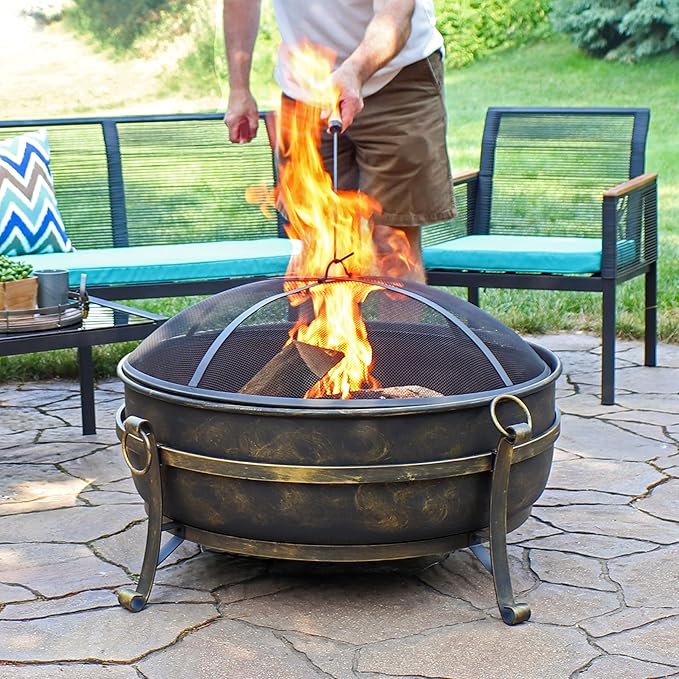 Sunnydaze 34-Inch Large Fire Pit for Outside - Wood-Burning Fire Pit Bowl for Outdoors with Spark Screen Log Poker and Grate