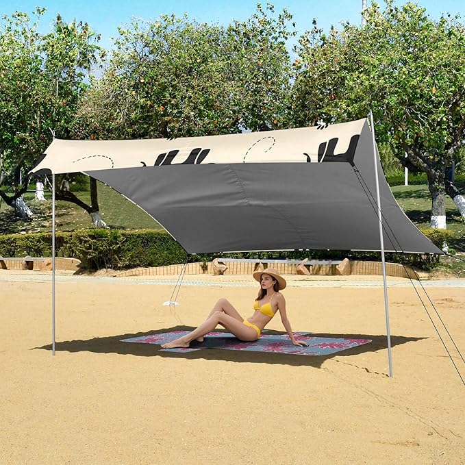 Elephant Beach Canopy Sun Shelter with Sandbags &amp Sand Shovel &amp Windproof Ropes - Portable 110x126 Beach Shade Beach Tent for Camping Picnics