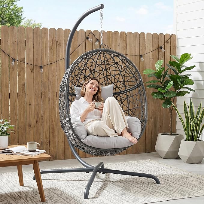 RADIATA Hanging Egg Chair with Stand Outdoor Egg Swing Chair with Cozy Cushion 350lbs Rattan Bird Nest Eggshell Basket Seat Patio Swinging Chair for Indoor Balcony Porch Grey