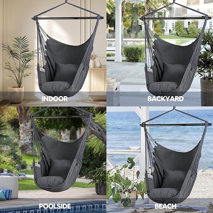 SUNCREAT Hammock Chair Swing with Steel Support Bar Side Pocket Large Hanging Chair Outdoor Max 450lbs Capacity Dark Gray
