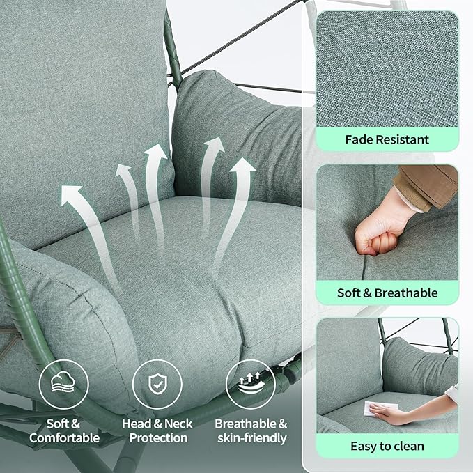 Hanging Egg Chair with Stand Outdoor Indoor Patio Rattan Swing Hammock Chairs with Washable Cushion PE Wicker Swing Chair for Backyard Bedroom Garden (Dark Green + Dark Green Cushion No Footrest)