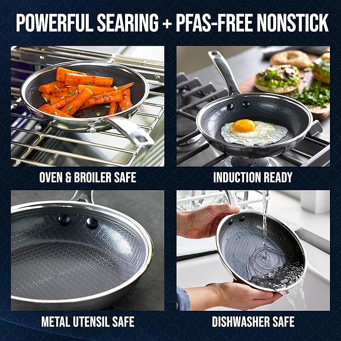 Blue Diamond Hybrid Nonstick Stainless Steel 8” Frying Pan PFAS-Free Ceramic Skillet Diamond Bond Powerful Searing Egg &amp Omelet Pan Dishwasher Safe Stay-Cool Handle Induction Ready All Cook