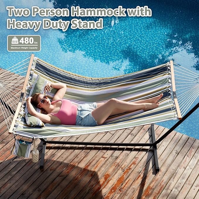 Homgava Two Person Hammock with Stand for Outside Heavy Duty Outdoor Patio Hammock with Portable Steel Stand Large Double Hammocks480lbs Capacity.(Grey Stripes)