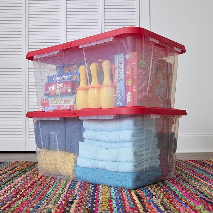 27 Gallon Clear Plastic Storage Bin with Red Lid for Home Organization &amp Garage Storage Multi-Purpose Lidded Container for Clothes Craft Supplies &amp Seasonal Decorations