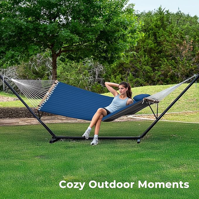 SUPERJARE Hammock with Stand 2 Person Quilted Outdoor Hammock Detachable Pillow &amp Bamboo Spreaders Portable Hammock with Carrying Bag Heavy Duty Stand Perfect for Outside Patio Navy Blue