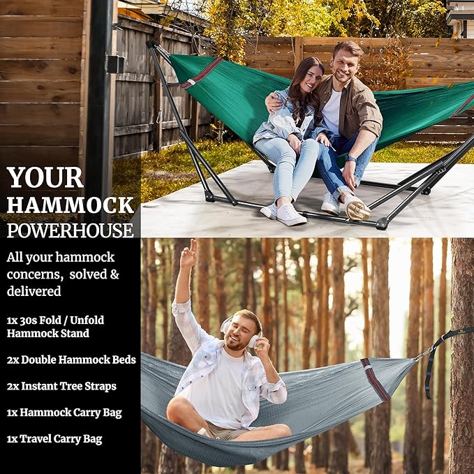 Tranquillo Combo x2 Hammocks with Stand for Outside &amp Tree Straps Heavy Duty Hammock with Stand 600lbs for Indoor Outdoor Patio Backyard x2 Hammocks for 2 Person (Combo - Peacock Medium)