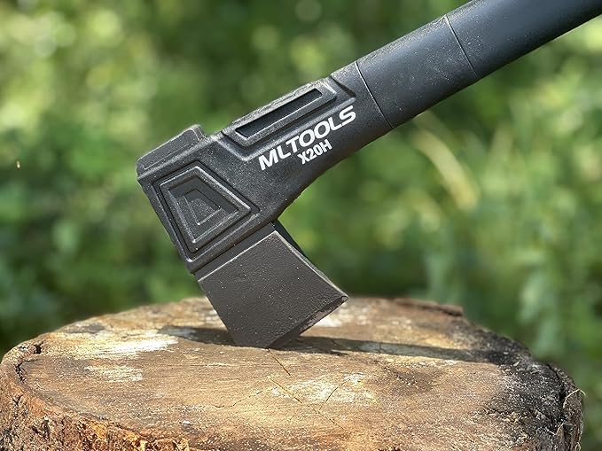 MLTOOLS Gardening Hatchet X20H - Camping Hatchet Fiberglass Ergonomic Handle High Carbon Steel Head - Torque Weatherproof Survival Axes and Hatchets - Non-Slip Grip - Protection Guard &amp Lock -