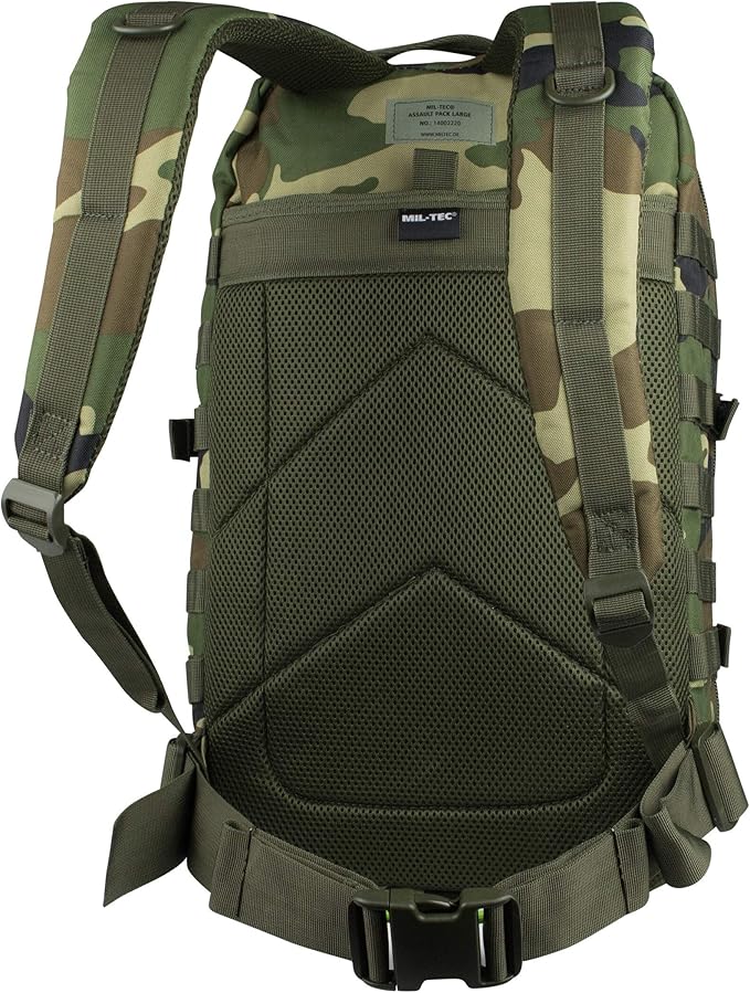 Mil-Tec Unisex Assault Pack - Rugged Durable Lightweight Ergonomic Versatile Tactical Outdoor Camping Hiking Backpack with Adjustable Padded Shoulder Straps &amp MOLLE Loops Woodland Camo 20L