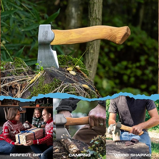 Prandi Segurin Carbon Steel Hatchet 0.88 lb - 11” Hickory Handle Camping Hatchet - Italian Crafted Bushcraft Tool for Outdoor Adventures