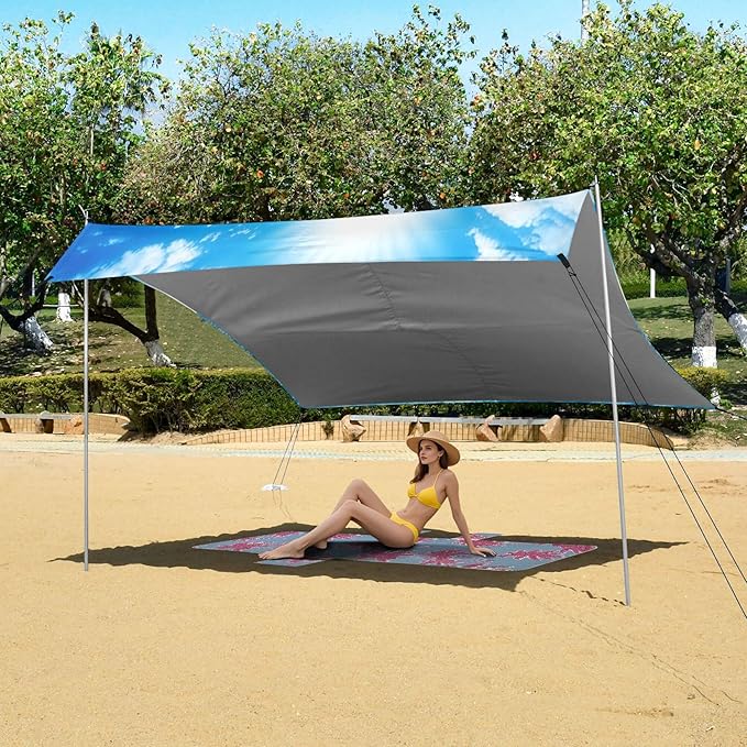 Dolphin Beach Canopy Sun Shelter with Sandbags &amp Sand Shovel &amp Windproof Ropes - Portable 110x126 Beach Shade Beach Tent for Camping Picnics