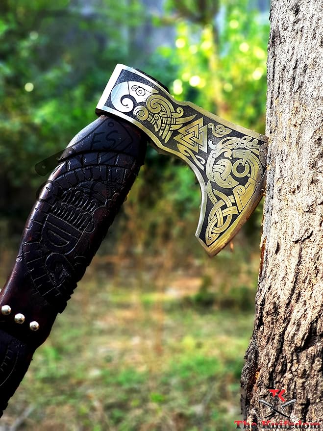 FS Crafts 21 Custom Handmade Carbon Steel Viking Axe Hand Forged Outdoor Hunting Camping Norse Axe Hatchet Bearded Dane Axe Ragnar Engraved Handle with Leather Sheath AXE003FR