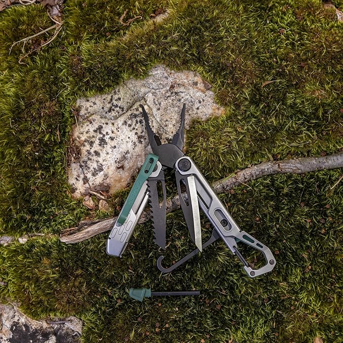Gerber Gear Stakeout Spark - Multi-Tool Folding Knife for Backpacking Survival Camping Outdoor - Pocket Tool w/Bottle Opener Tent Stake Puller Scissors Tweezers - Baltic Haze