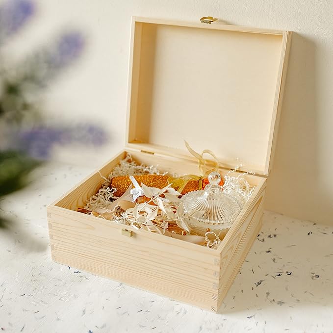Creative Deco Wooden Storage Box Unpainted Plain | 11.41 x 9.84 x 5.51 in | Golden Latch &amp Lid | Perfect for Storing Valuables &amp Small Items in the Office or Bedroom | Keepsake Memory Trinket