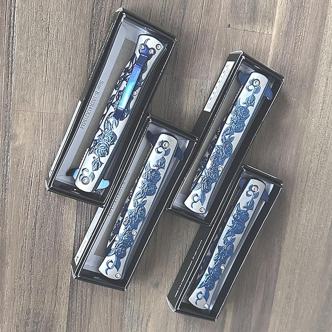 Custom Black or Blue Rose Folding Pocket Knife – Personalized Engraved Tactical Pocket Knife Gift for Him Husband Dad Boyfriend Groomsmen