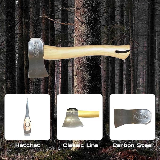 PRANDI Camping Hatchet 1.15lb - Hickory Handle 13in with Leather String - Ideal for Camping Travel and Bushcraft - Made in Italy