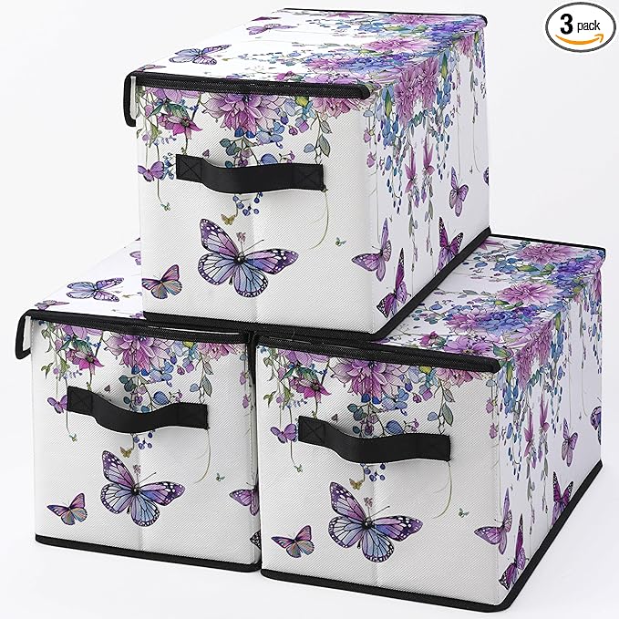 Stackable Clothes Storage Bins with LidsCloset Organizers Fabric Box for Home and OfficeBlanket Clothes OrganizersUnder Bed Storage Containers 3 Pack.