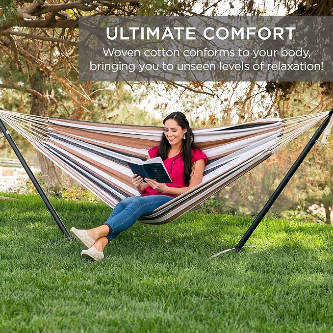Best Choice Products Double Hammock with Steel Stand Indoor Outdoor Brazilian-Style Cotton Bed w/Carrying Bag 2-Person Capacity - Desert Stripes