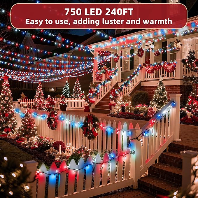 240FT Christmas Lights Outdoor 750 LED Christmas Tree Decoration Lights with 12 Modes &amp Timer Memory Dimmable Plug In Waterproof LED Xmas Light for Yard Wedding Party Holiday Red White &amp Blu