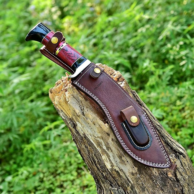 MR. CRAFT Custom Handmade Traditional Kukri Damascus Steel Fixed Blade Knife With Sheath Full Tang Heavy Duty Camping Knives - Gifts for Men (Red Wood &amp Black Horn)