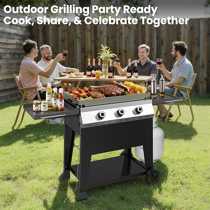 3-Burner Propane Gas Griddle 36000 BTU Outdoor Flat Top Propane Grill with 420 Sq In Cooking Area Rolling Wheels &amp Folding Side Shelves for Camping Tailgating &amp Backyard BBQ Black