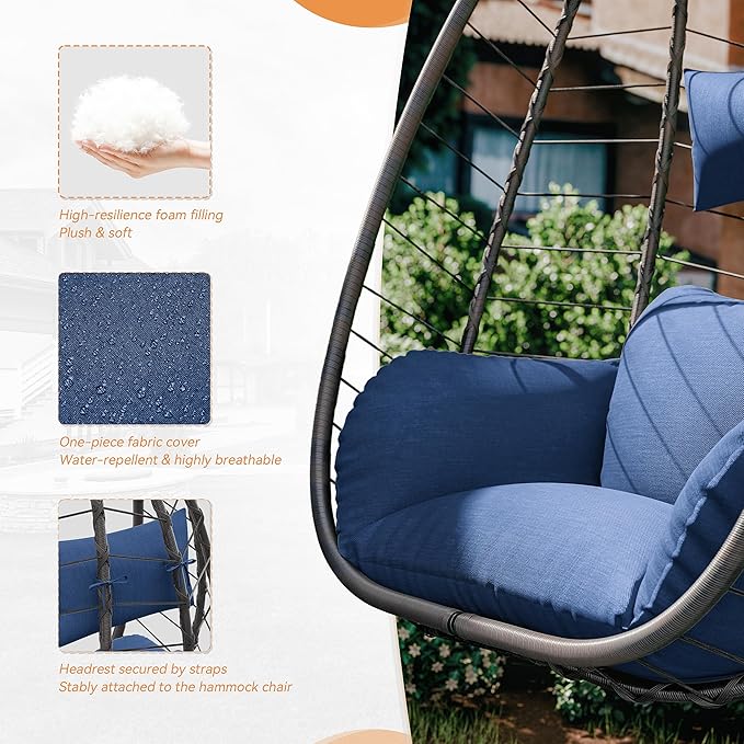 ALAULM Foldable Egg Chair with Stand 485LBS Capacity Wicker Rattan Hammock Swing Chair for Outdoor &amp Indoor Patio Hanging Chair with Strong Frame &amp UV Resistant Cushion for Balcony Bedroom