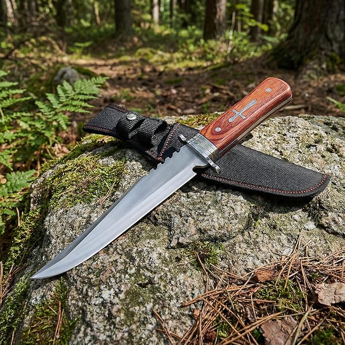 12.7 Fixed Blade Survival Knife with Sheath - Heavy Duty Stainless Steel Bowie Knife for Camping Hunting &amp Bushcraft - Large Solid Wood Handle Outdoor Tool with Sawback