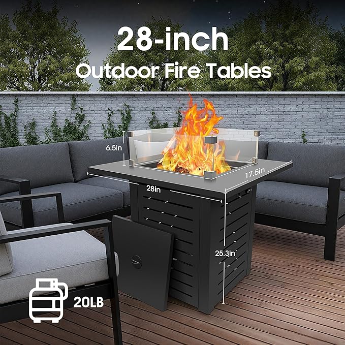 28 Inch Outdoor Propane Fire Pit50000 BTU Gas Fire Pit Table with Steel Lid304 Stainless Steel H-BurnerWind GuardFire Pits for Patio DeckBlack