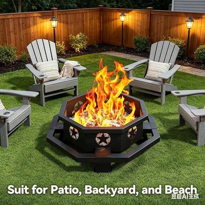 43 inch Large Fire Pit Outdoor Fire Pit with Heavy Duty Construction Wood Burning Fire Pits for Outside Octagonal Firepit for Camping Backyard Patio Black
