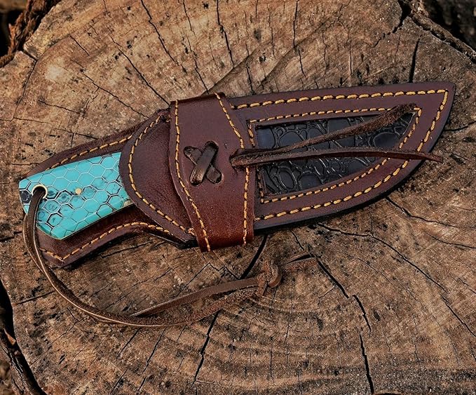 Break Edge Handcrafted Cowboy Hunting Knife with Leather Sheath Premium Handle Best Gift for Boy Friend and Father Day. (Silver &amp Torquise)