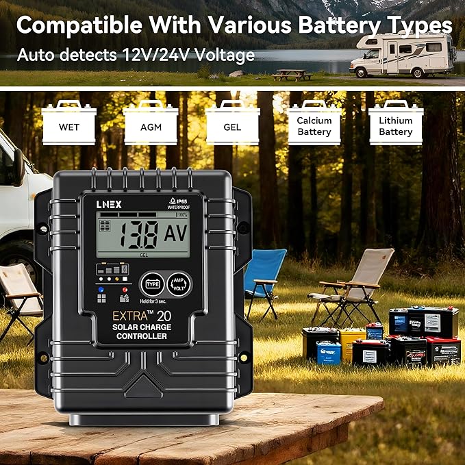LNEX Solar Charge Controller Waterproof 20A Solar Panel Regulator with Temp SensorBacklit LCD 12V/24V PWM Solar Controller for LiFePO4AGM Gel Flooded and Lithium Battery
