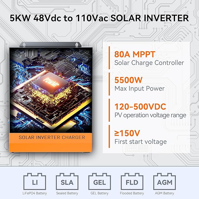 PowMr 5000W Solar Inverter 48V DC to 110V AC Pure Sine Wave Output with 80A MPPT Charge Controller Max.PV Input 5500W 500VDC fit for 48V Lead-Acid and Lithium Batteries RVOff-Grid System