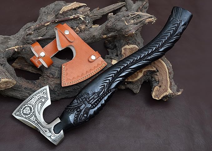 Viking-Style Bearded Axe J2 Steel Blade Handcrafted Wooden Handle Sharp Snatching Edge for Battle Ready Throwing &amp Collecting