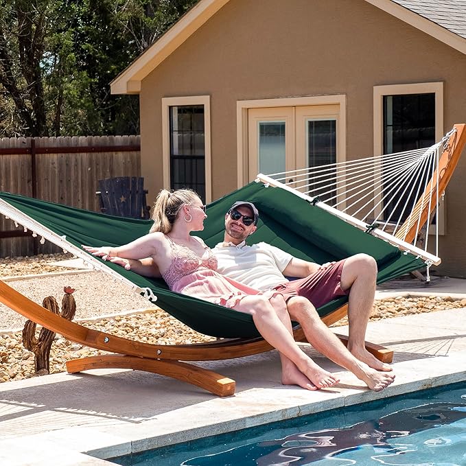 SUNCREAT 2 Person Hammocks for Outside with Stand Extra Large Double Hammock with Wooden Stand Dark Green