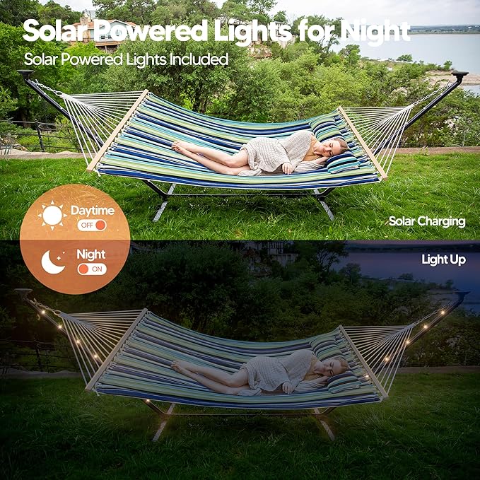 SUNCREAT Hammocks Stand Alone Hammock with Solar Powered Lights Portable Standing Hammock Green